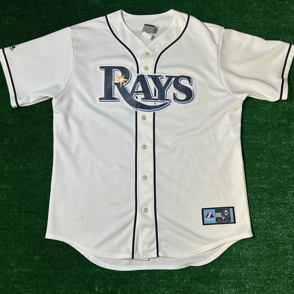 Majestic Baseball Jersey Mens L White Tampa Bay Rays Button Up Made in USA